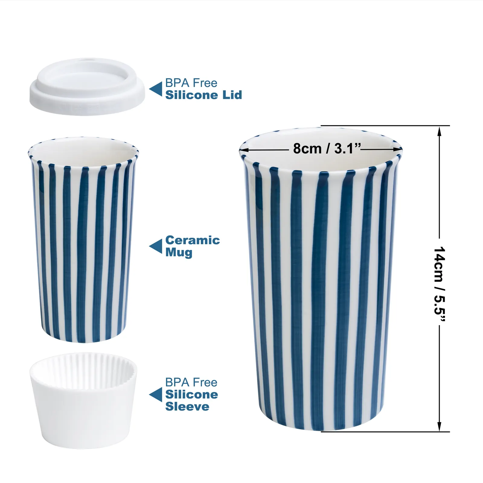 Millie Blue parts: silicone lid, ceramic cup and silicone sleeve, 14 cm tall and 8 cm across
